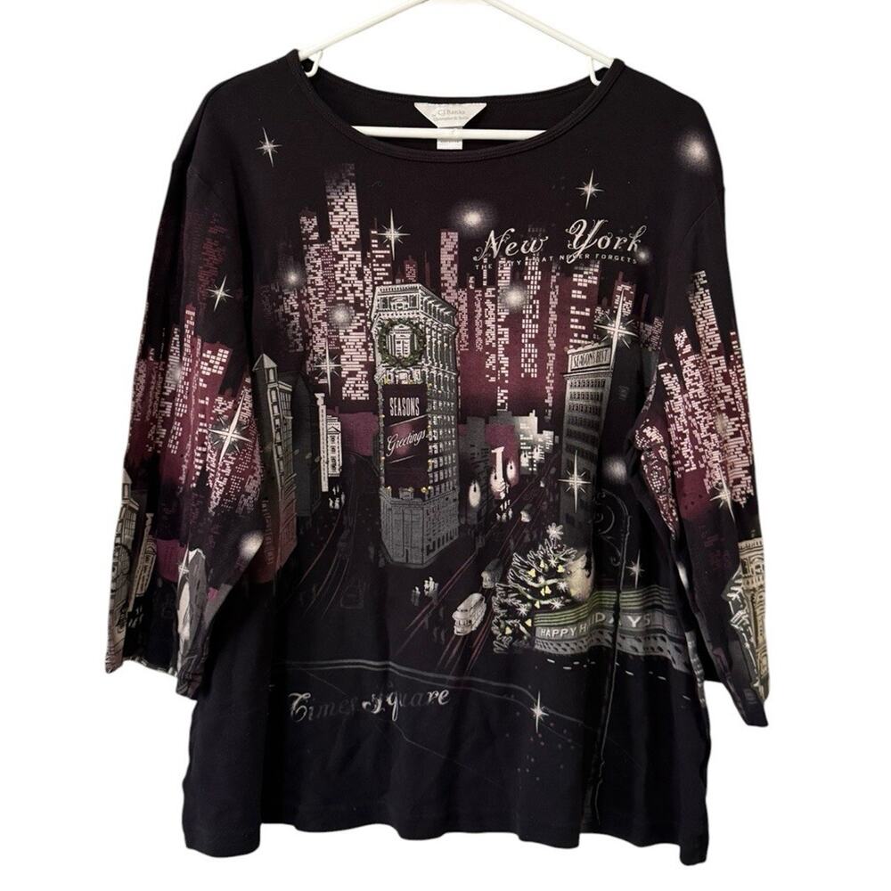 CJ Banks Women Size 1X Graphic City Print 3/4 Sleeves Cotton Embellished Classic